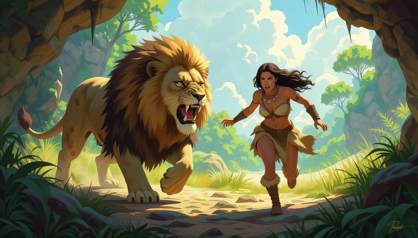 Cavewoman Flees Lion in Prehistoric Landscape