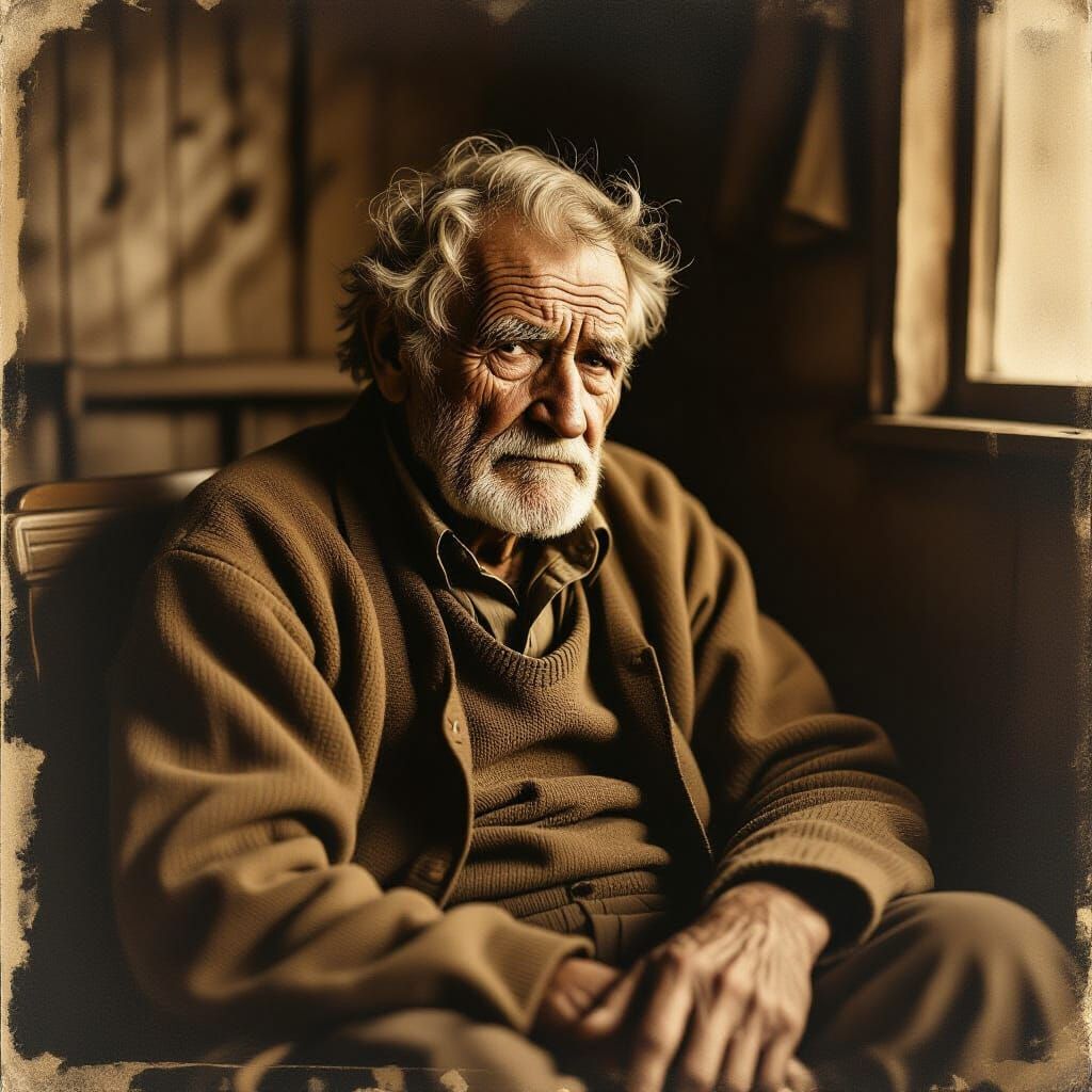 Sepia-Toned Photograph of a Sad, Wrinkled Elderly Man