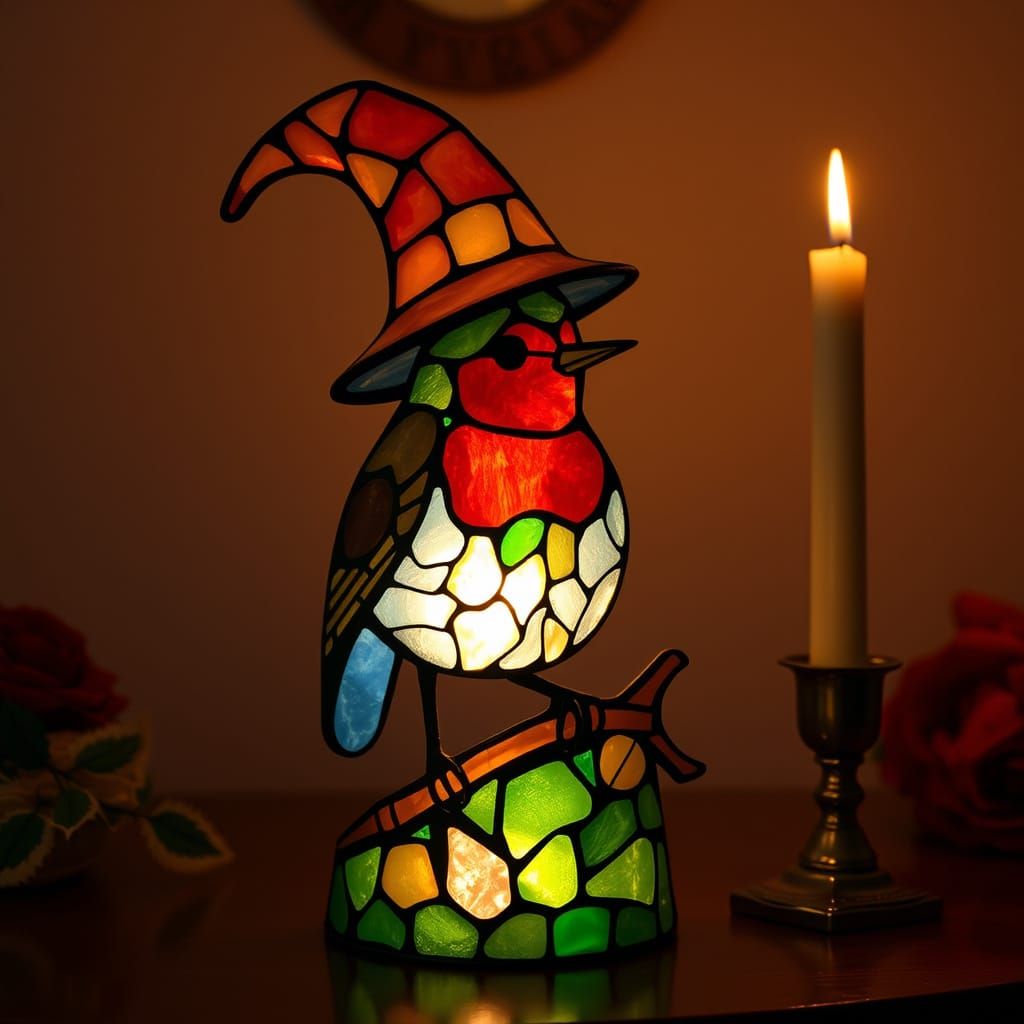 Stained Glass Mosaic Robin Sculpture, In A Wizard Hat, Candl...