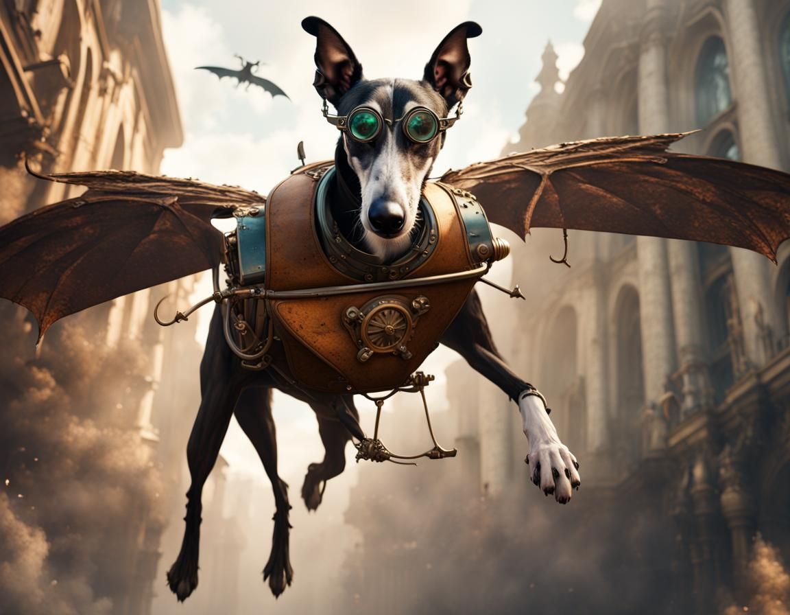 Steampunk Greyhound with Bat Wings in Flight