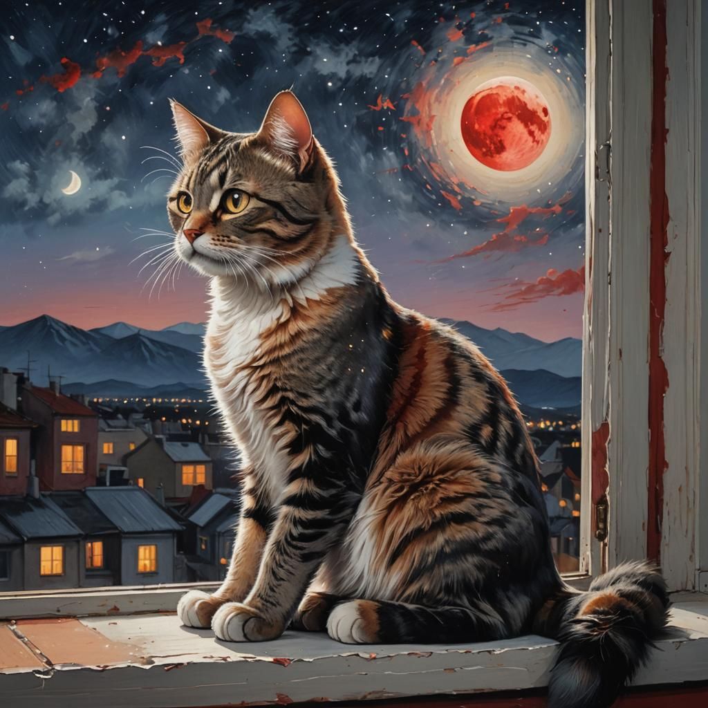 Elegant Cat and Red Moon in Starry Night