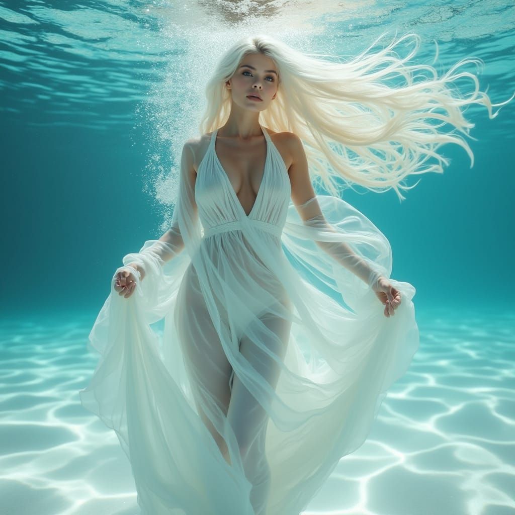 Mystical White-Haired Woman in Underwater Fashion Photograph...