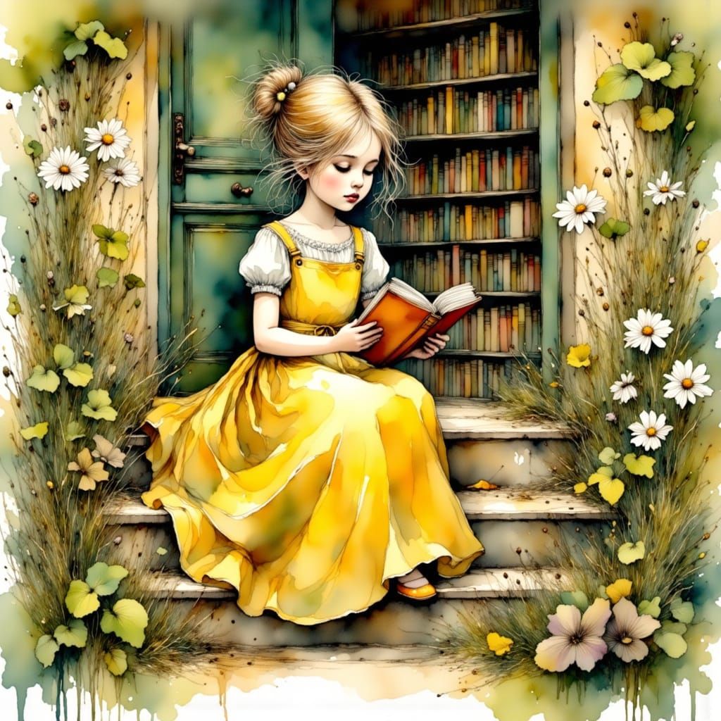 Girl Reading Book on Library Steps