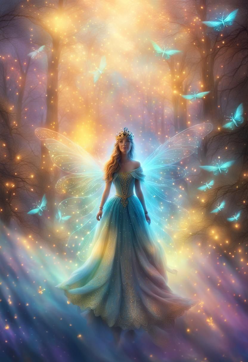 Ethereal Fairy with Magical Swirl and Neon Fireflies