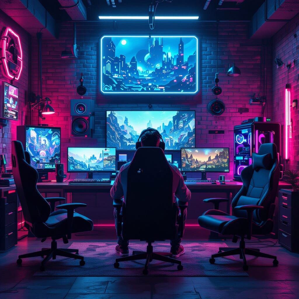 Futuristic Gamer in Industrial Room, Neon Glow