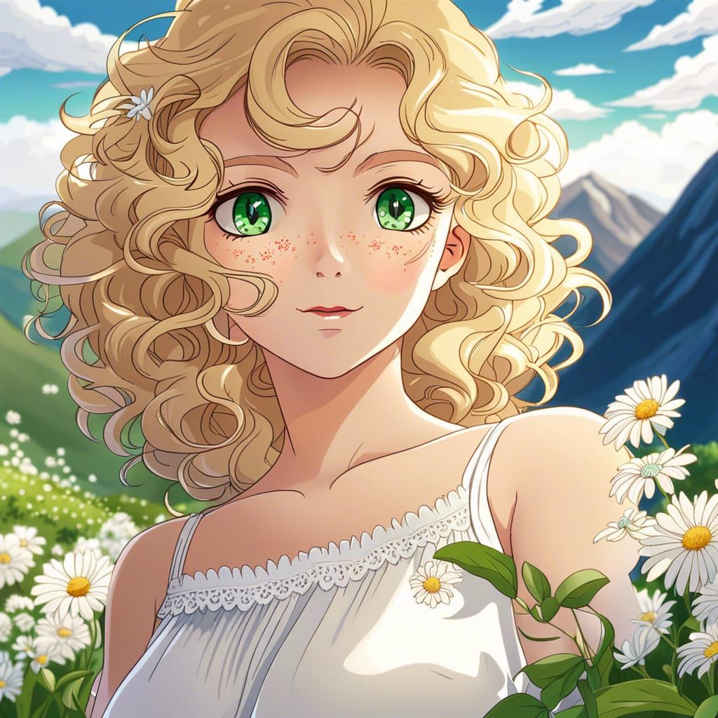 Anime Woman with Flowers and Mountain View