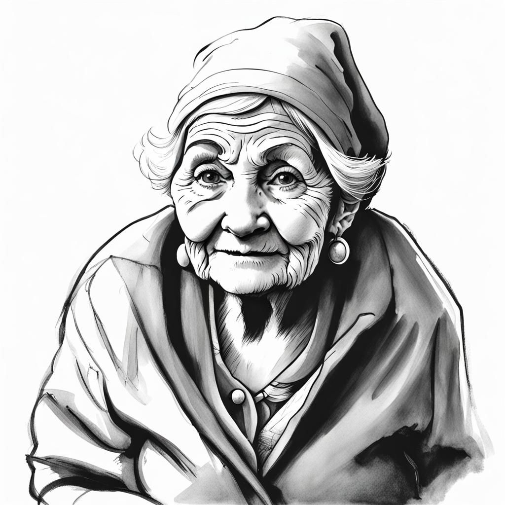 Gnomish Grandmother: Hand-Drawn Black and White Sketch