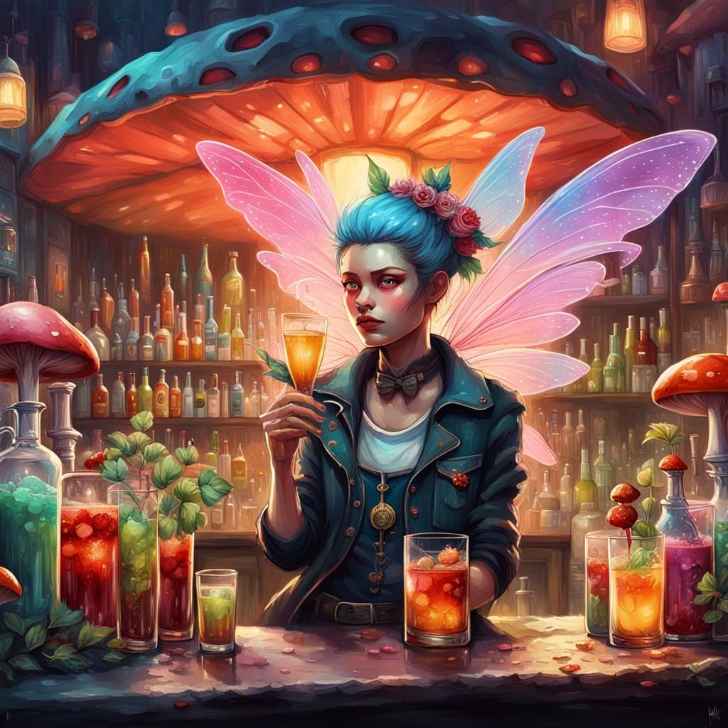 Punk Fairy Bartender in Fantasy Art Style