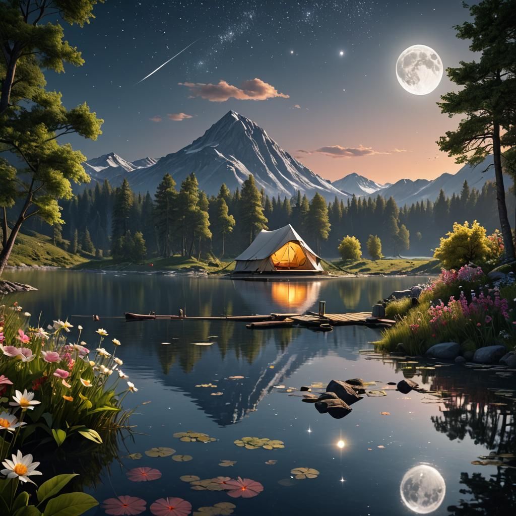 Campsite by Lake Under Moonlight, Airbrush Style