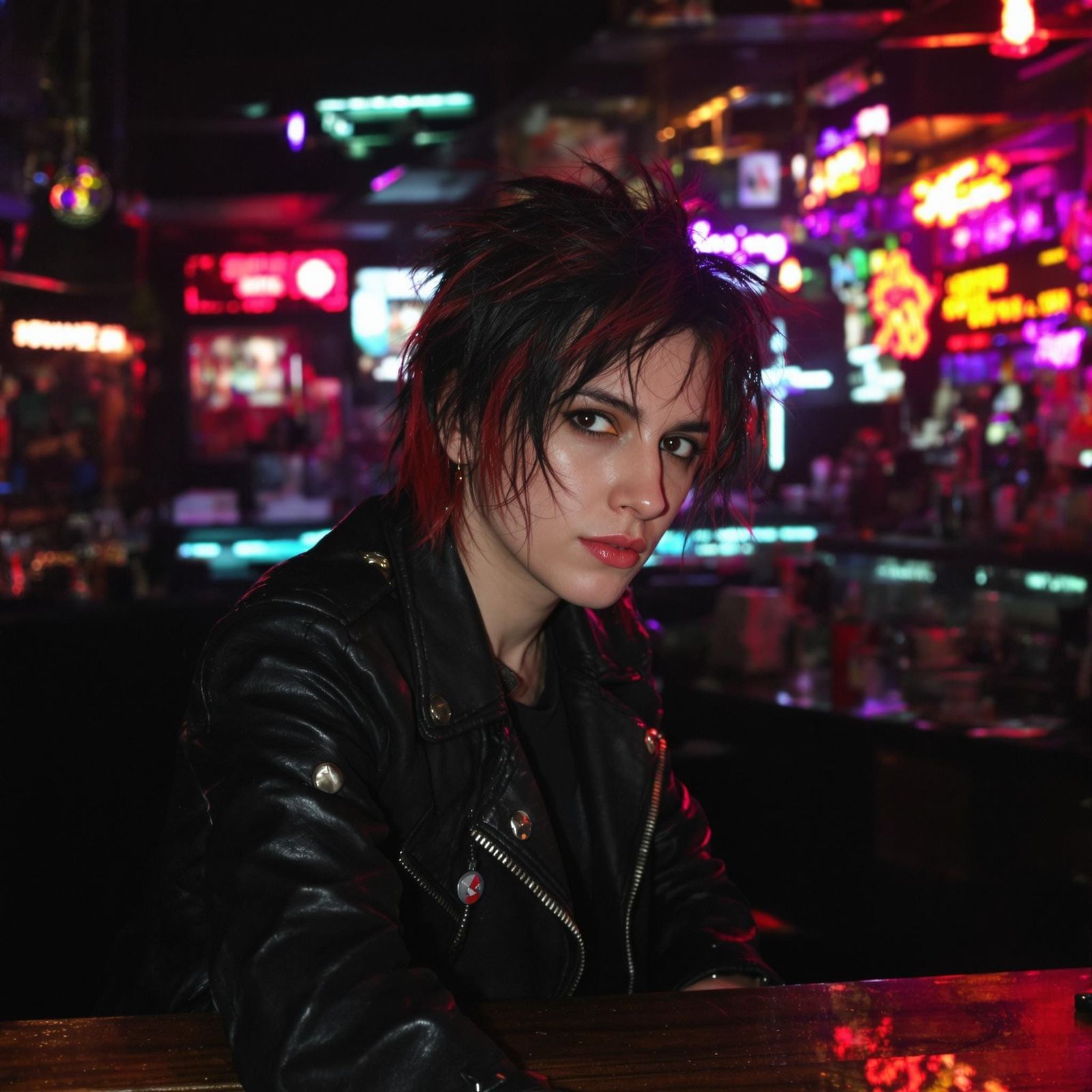 Cyberpunk Bar Scene with Mysterious Figure