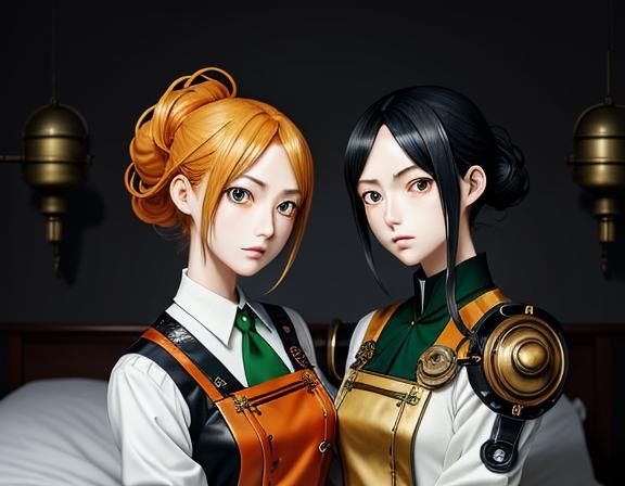 Twin Kemono Sisters Kiss in Manga Steampunk Style