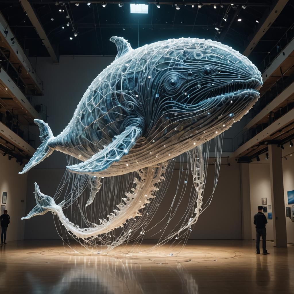 Translucent String Art Whale in Open Space