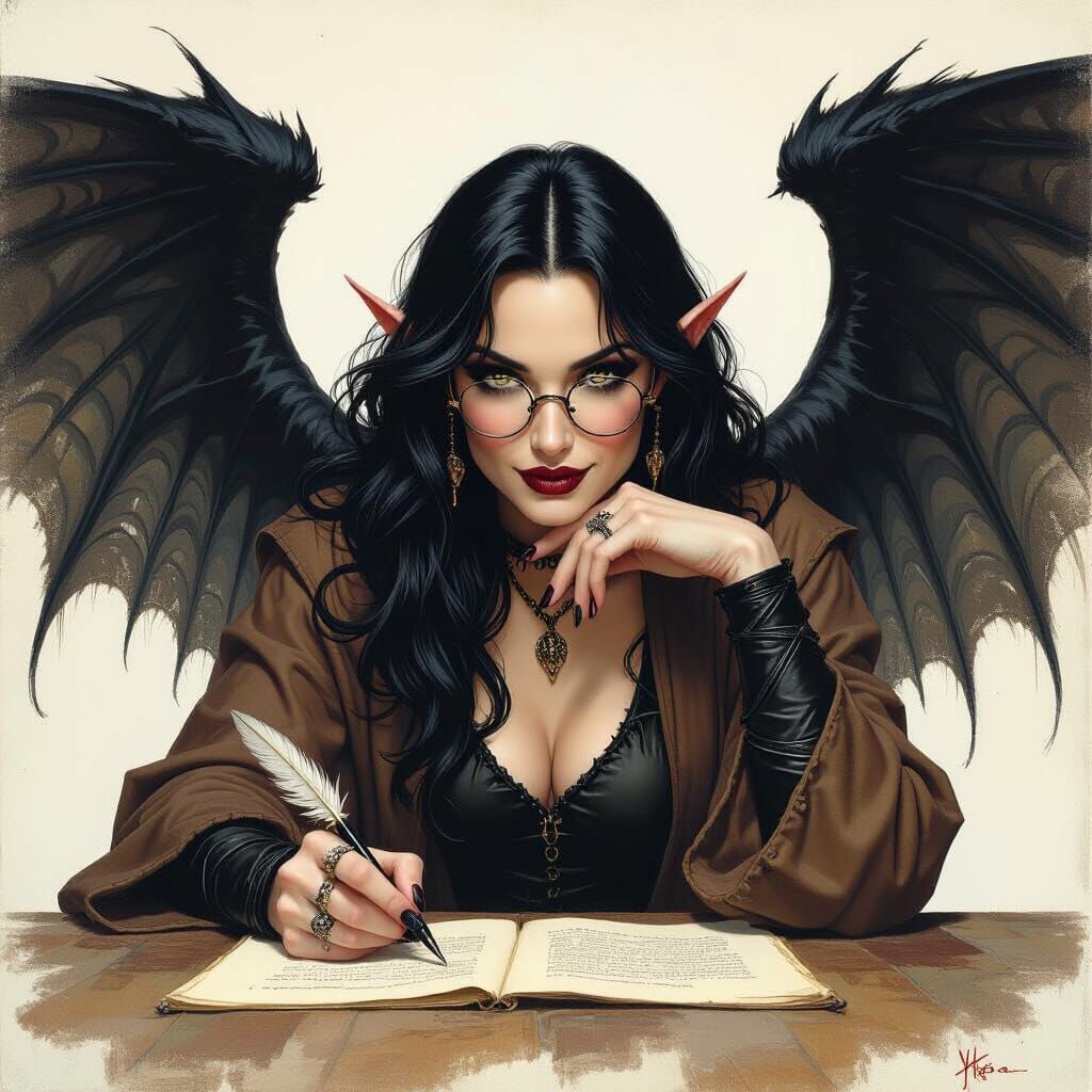 Dark Fey Scholar Beckons with Quill Pen