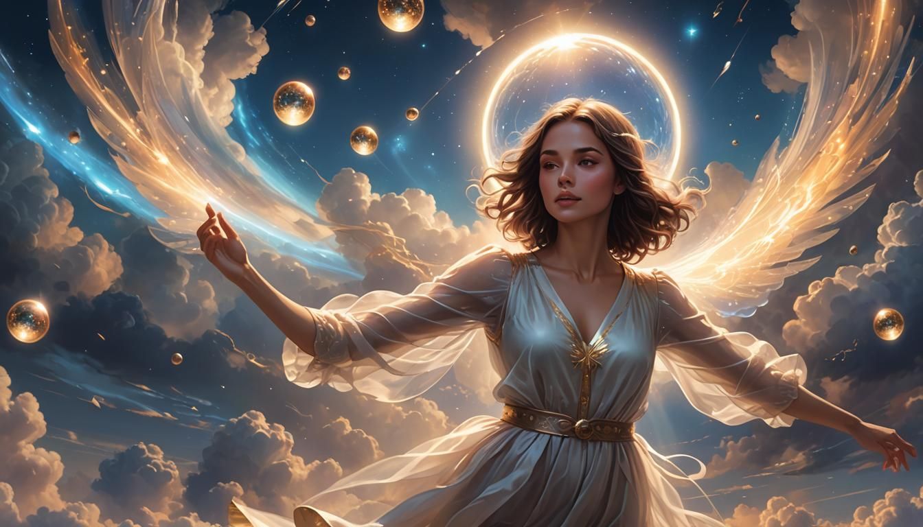Woman Flying Through Clouds Towards Magical Light