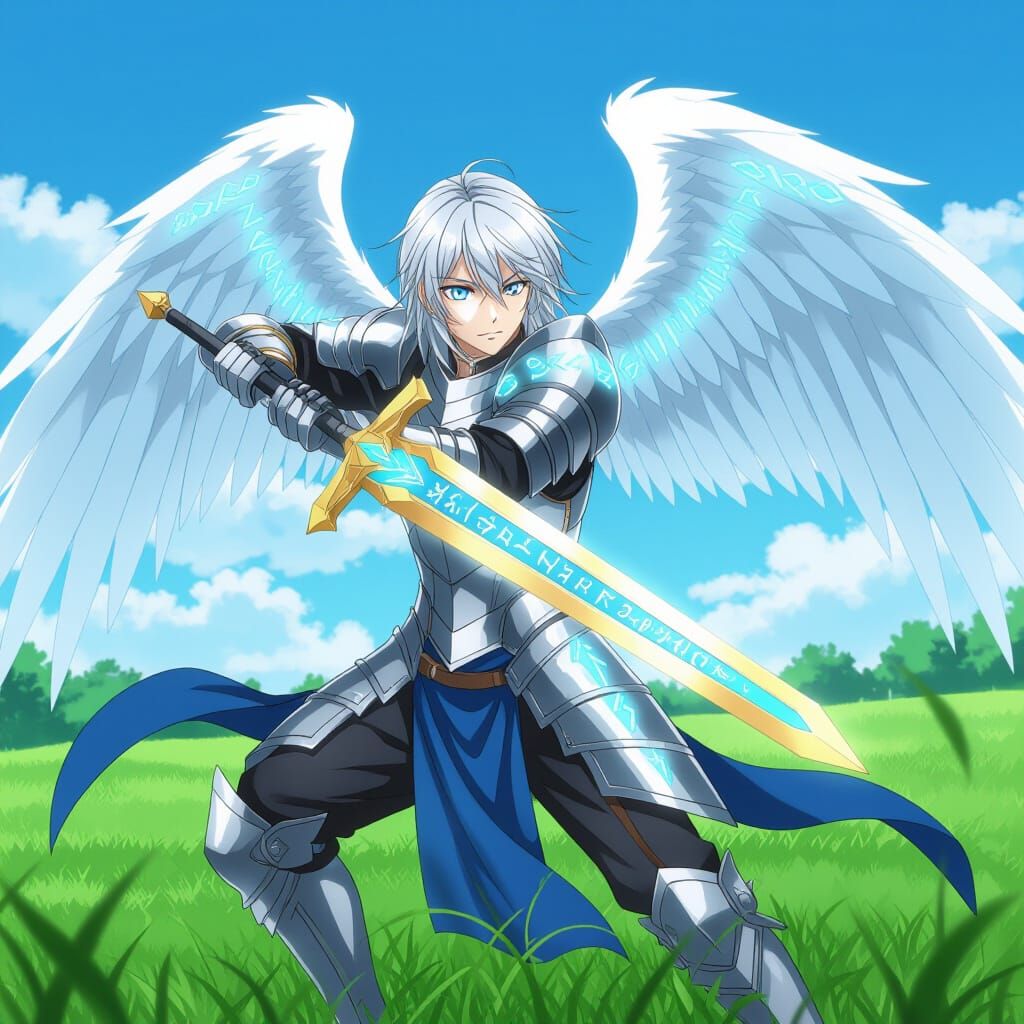 Male Angel in Silver Armor Anime Style