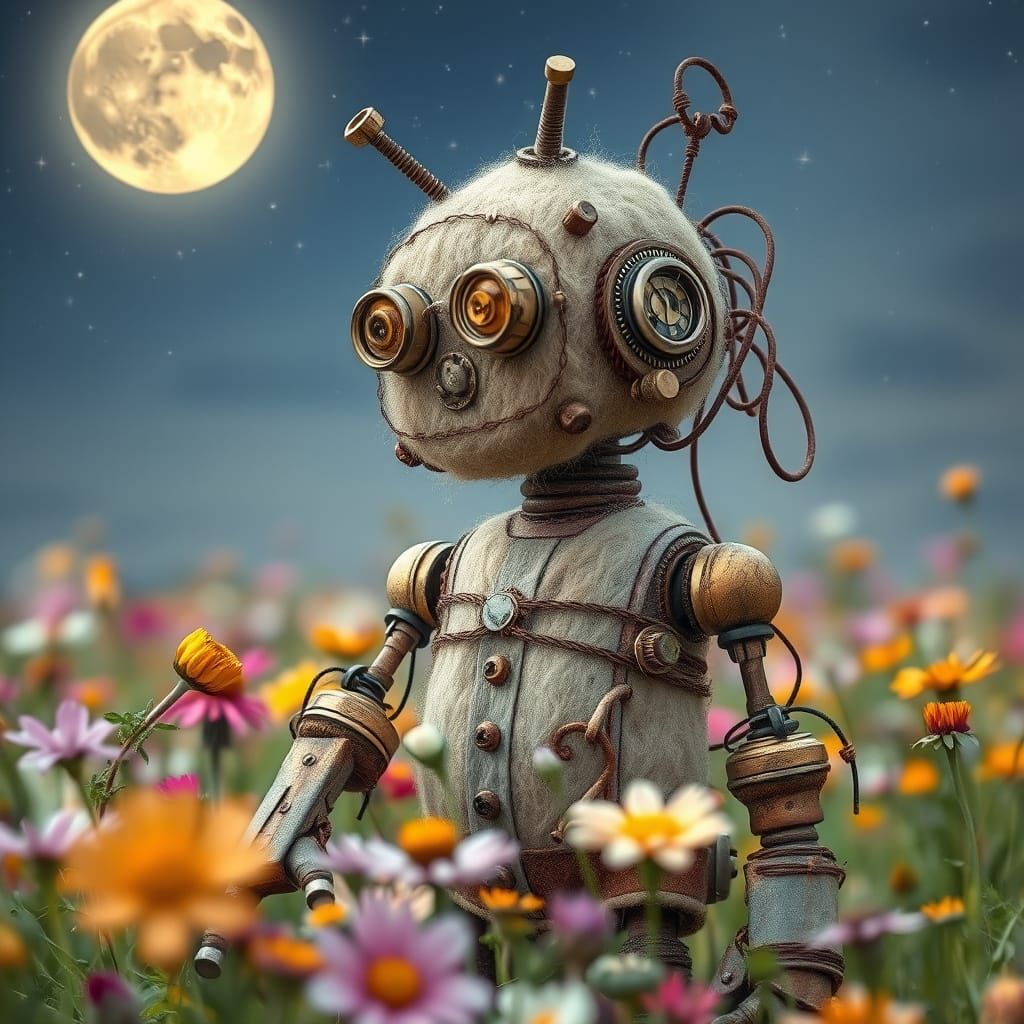 Surreal Steampunk Robot Amidst Whimsical Floral Landscape