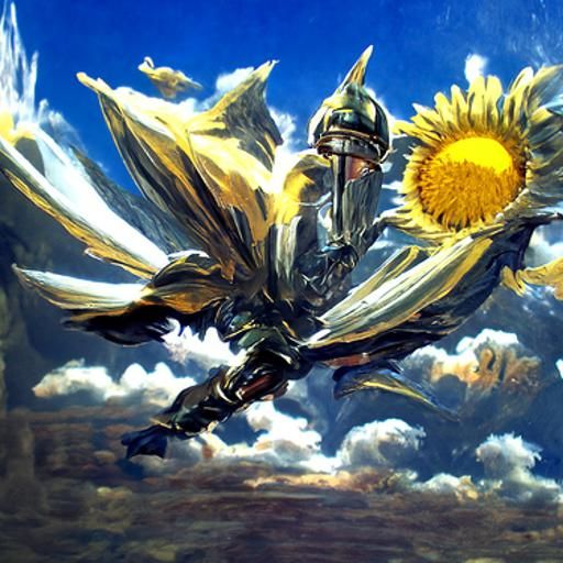Knight Sunflower Soaring Through Golden Sky