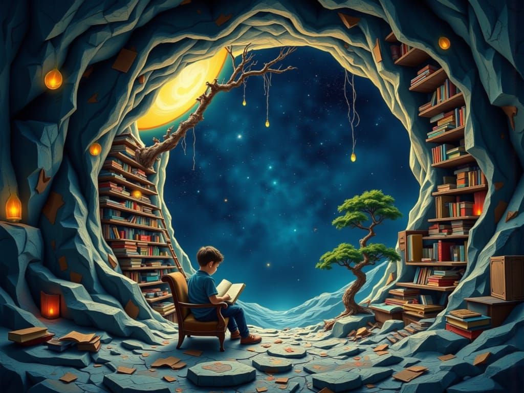 Whimsical Lunar Library: A Dreamlike Scene of Wonder