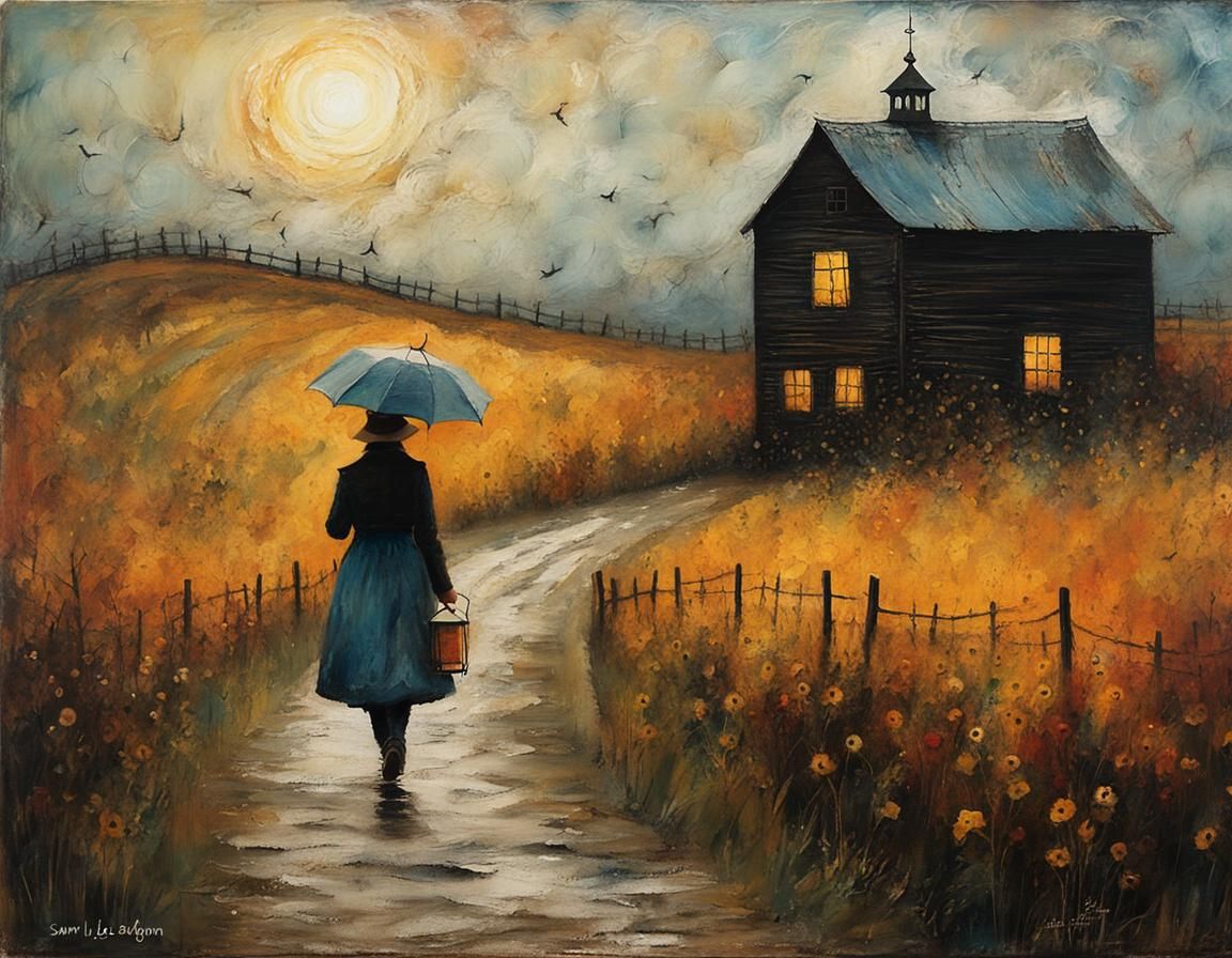 Woman with Lantern: Ominous Encaustic Folk Art