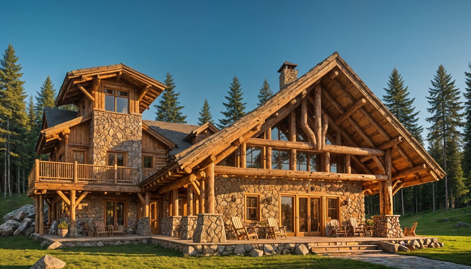 Fancy Log Cabin Lodge with Stone Tower