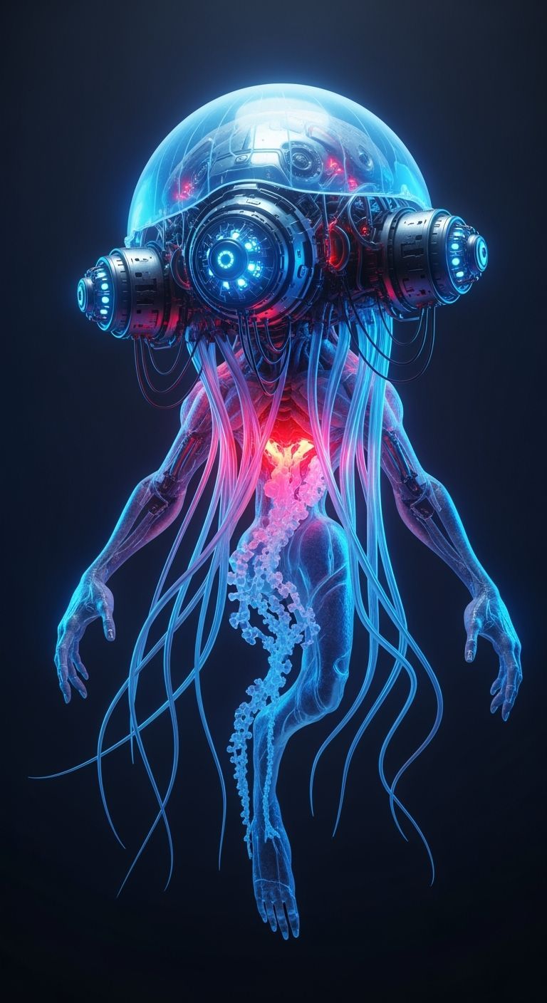 Bioluminescent Biomechanical Jellyfish Creature in Dark Sci-...