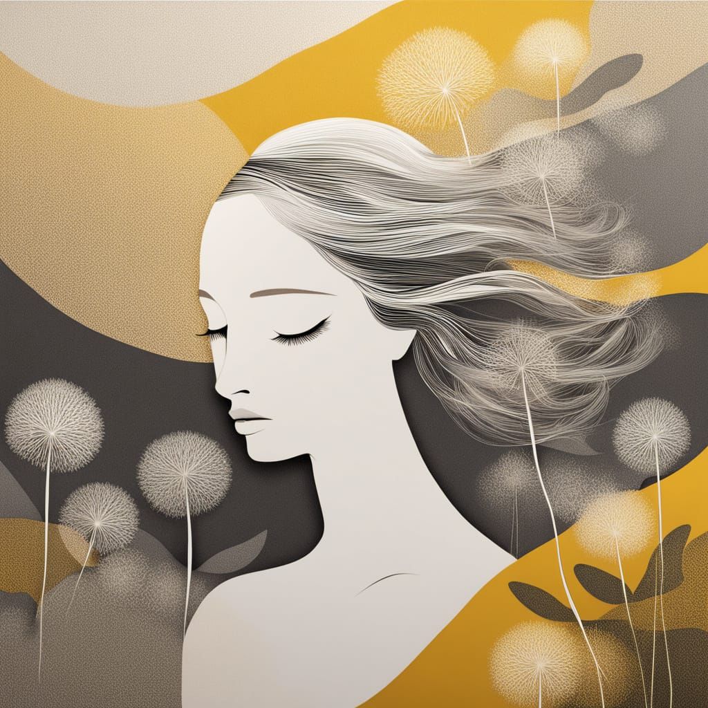Serene Woman Gathers Dandelions for Ethereal Snow Birds