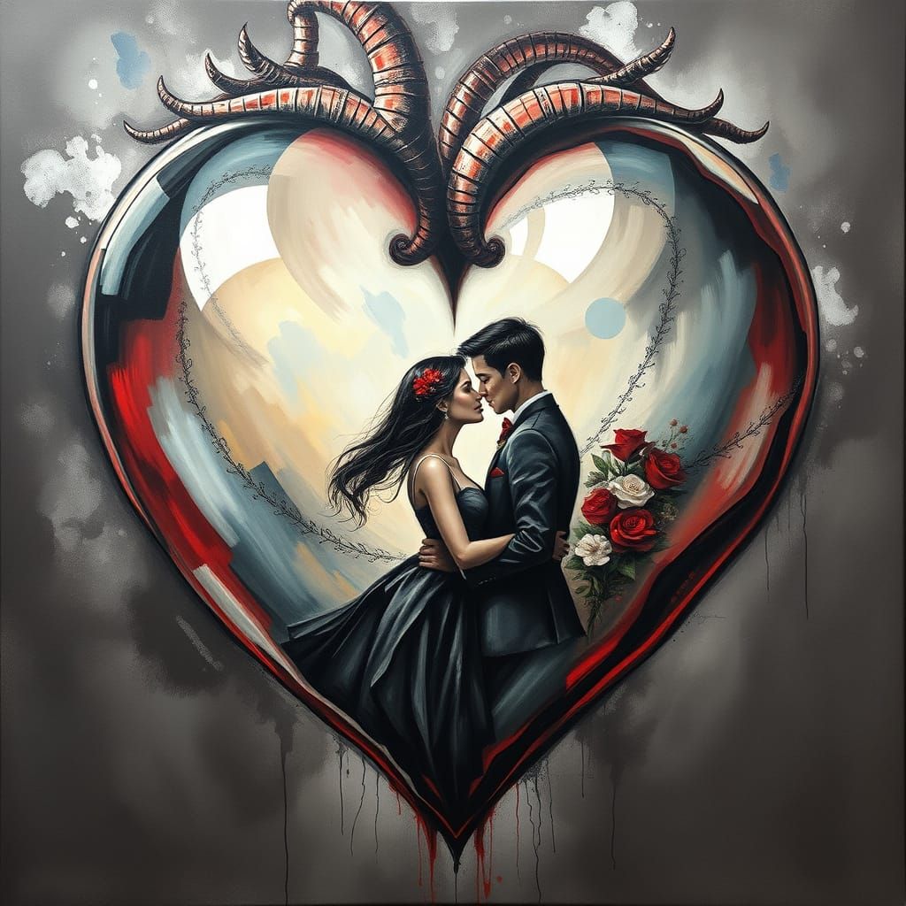 Epic Impressionist Heart with Loving Couple in Charcoal and ...