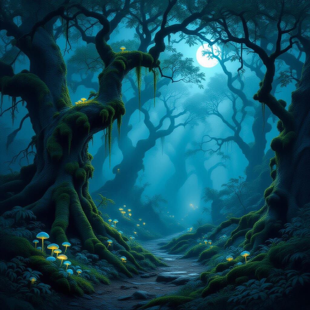 Ethereal Twilight Forest Path Digital Matte Painting