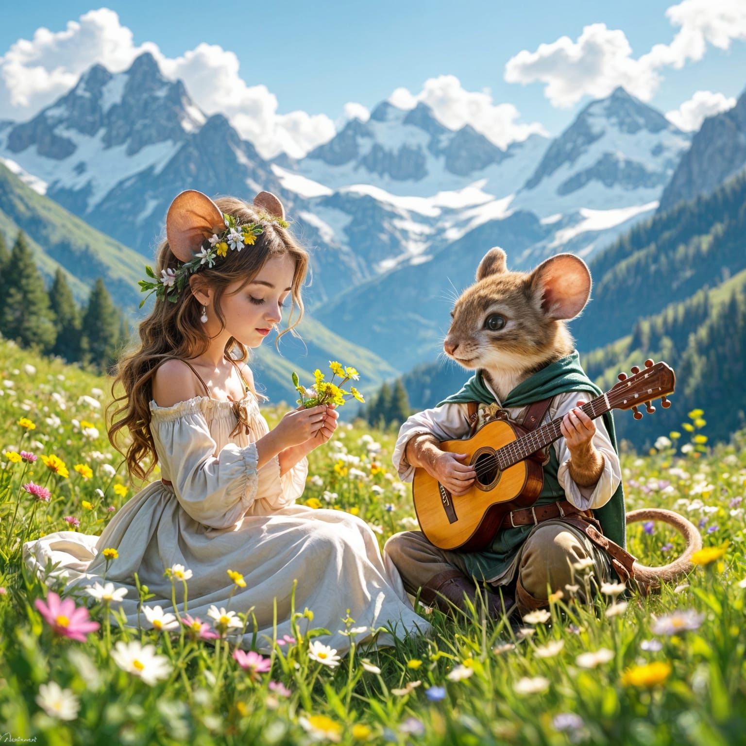 Mouse Girl and Bard Mouse in Alpine Meadow