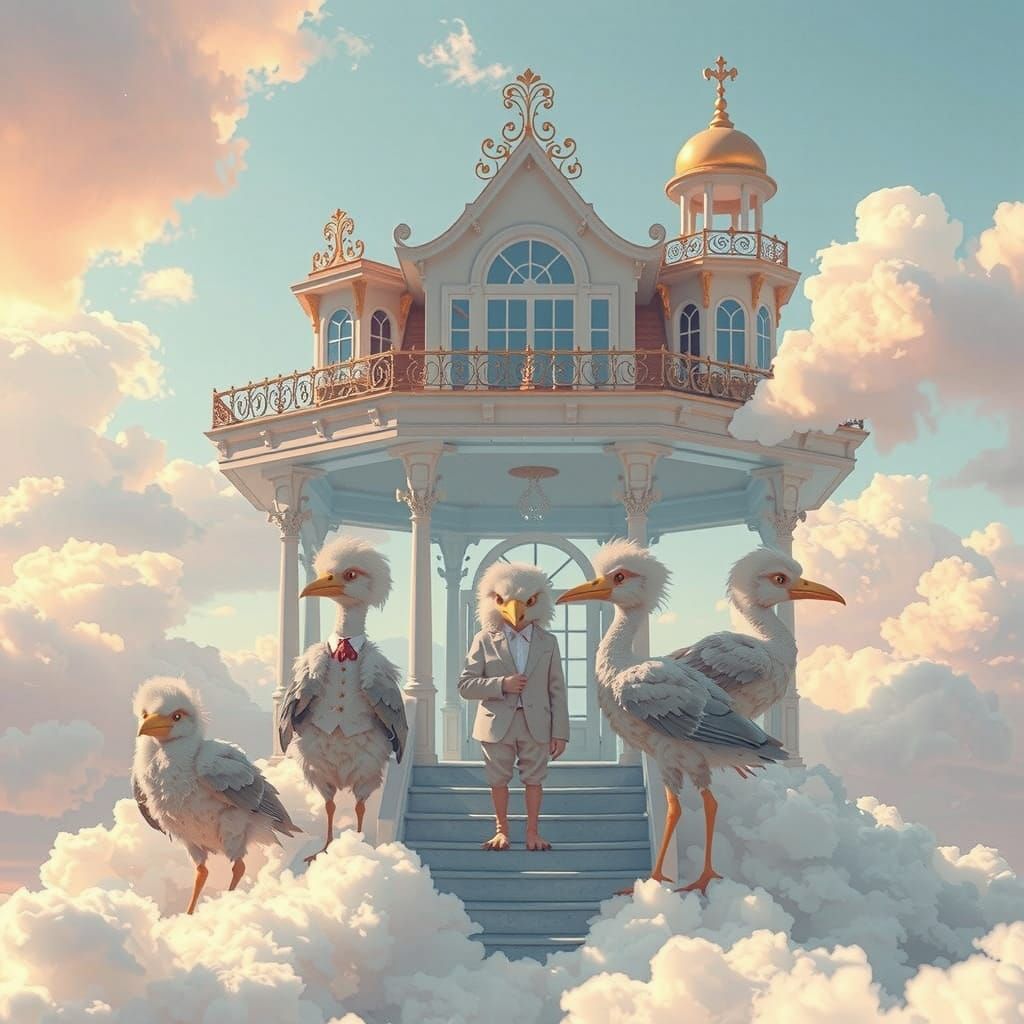 Bird People in Floating House, Anime Style