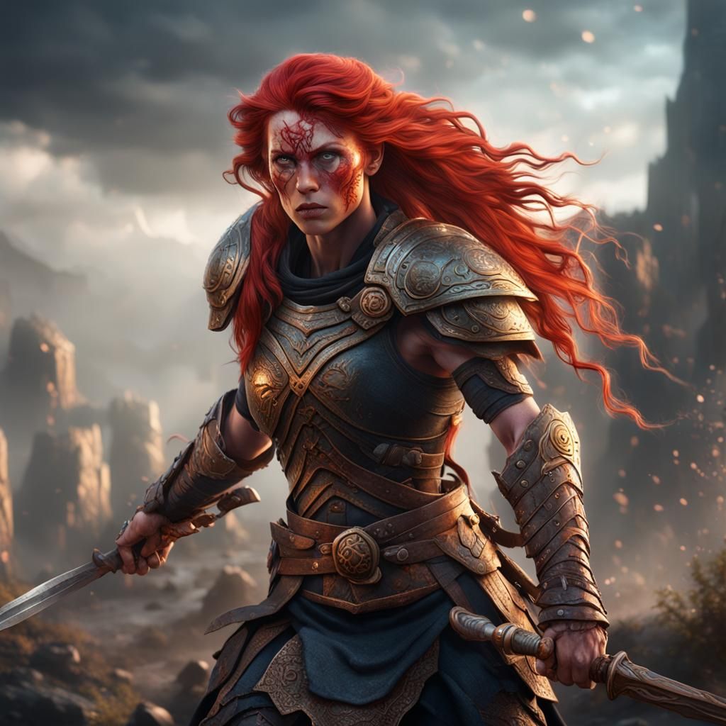 Redhead Warrior Woman in Detailed Matte Painting