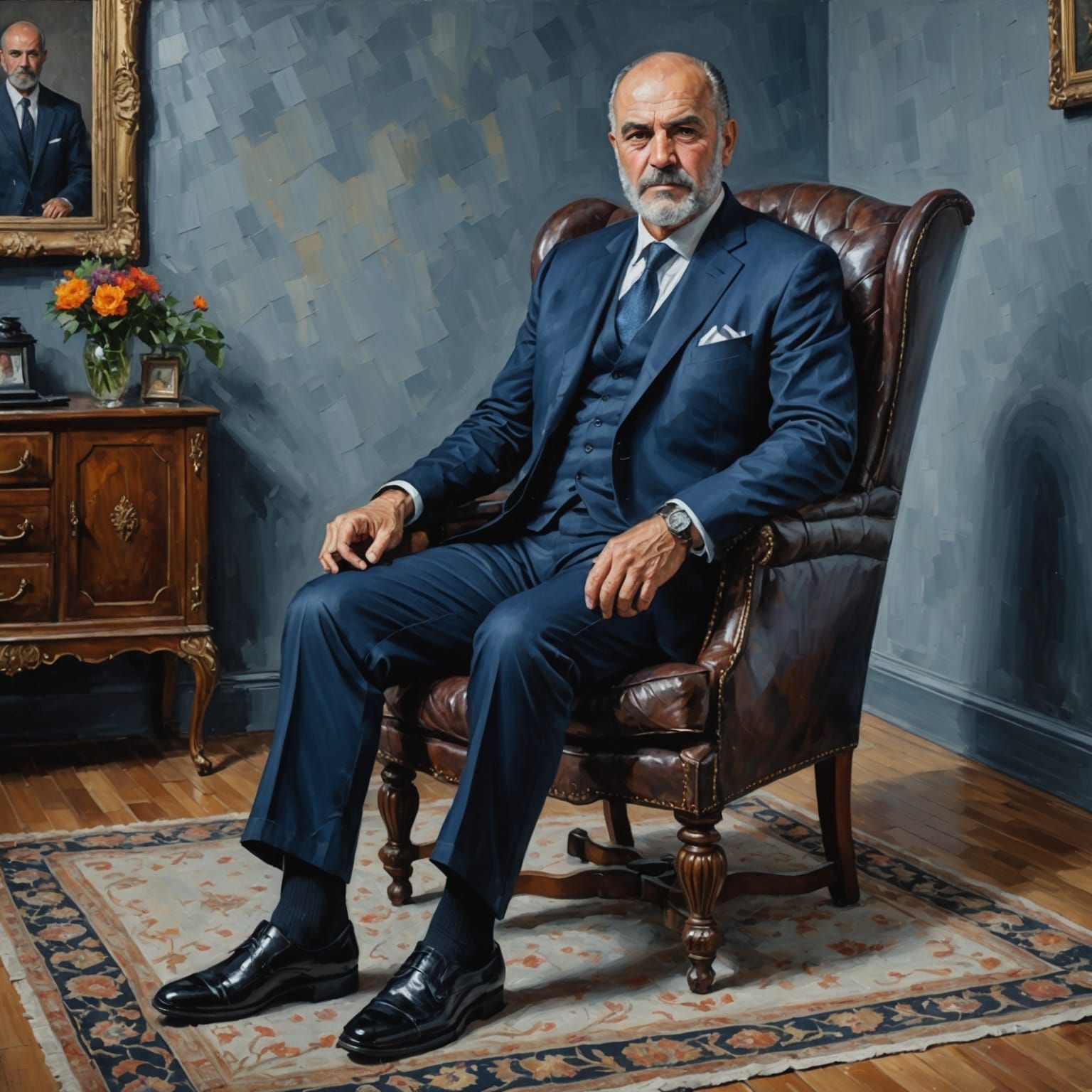 Oil Painting of Two Men in Living Room