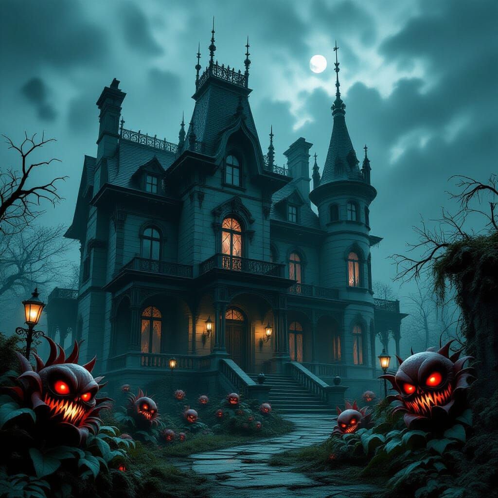 Eerie Gothic Mansion in Haunted Garden