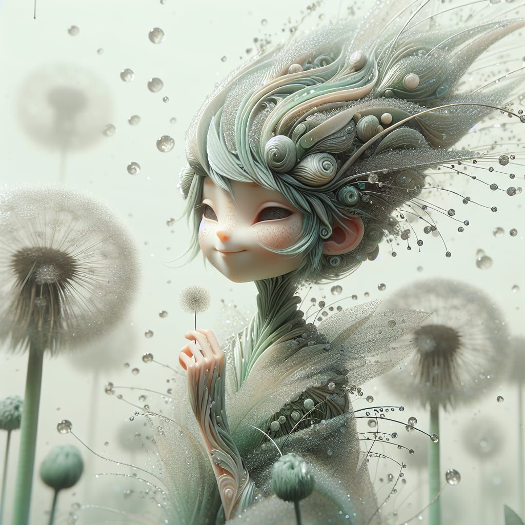 Dreamlike Girl with Brush-Shaped Head Poses on a Dandelion