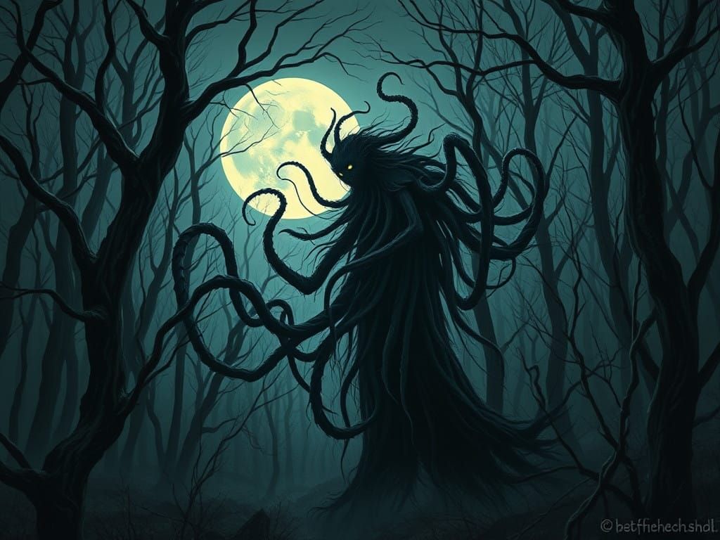 Ethereal Horror Figure Dwells in Moonlit Woods
