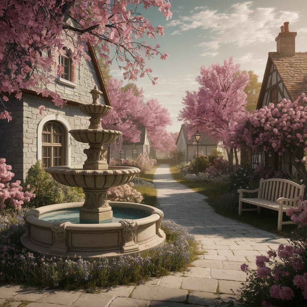 Romantic Village Fountain Masterpiece in Hyperrealistic Styl...