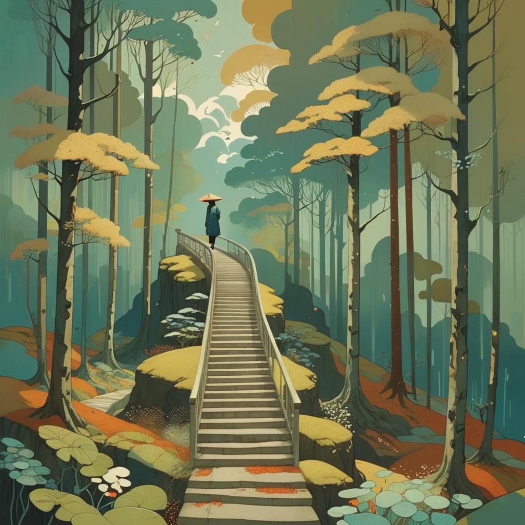 Whimsical Forest Staircase Illustration in Asian Art Style