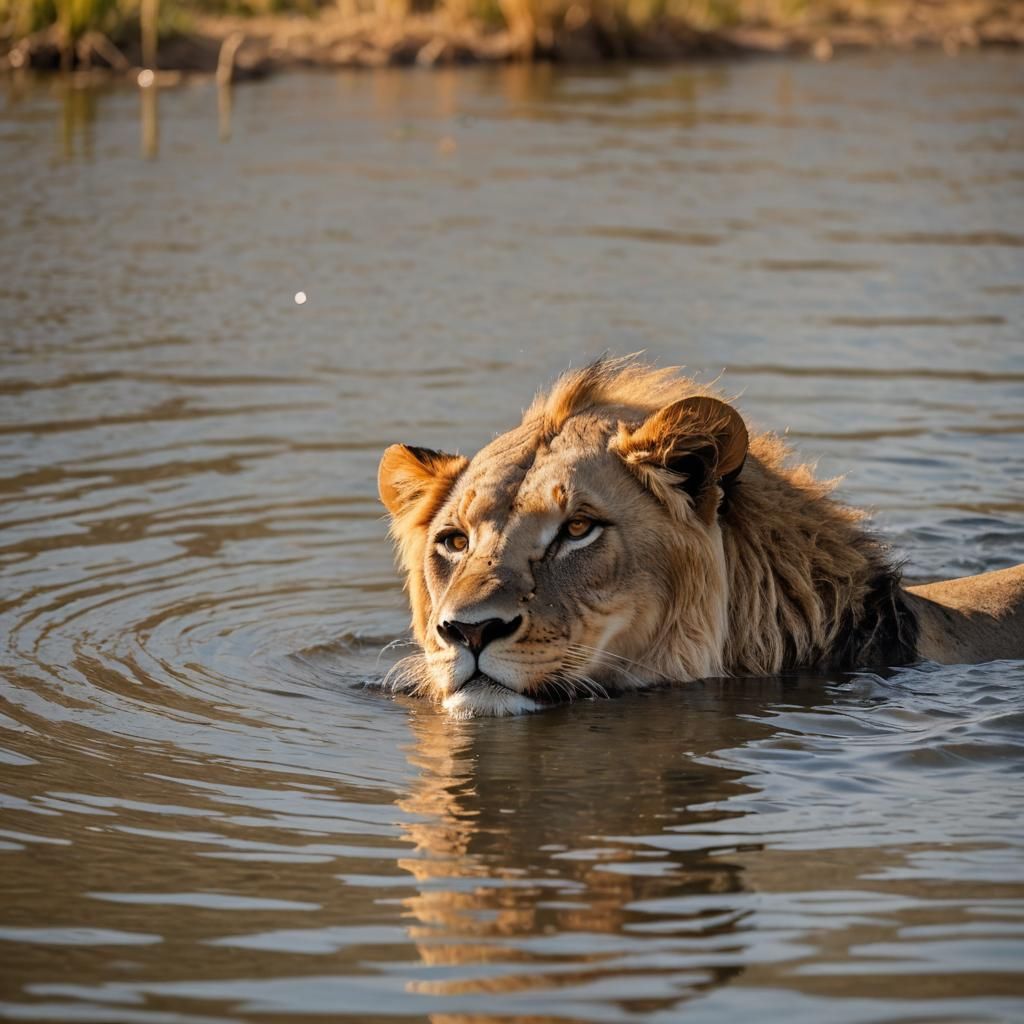 Lion Swimming in Savannah Lake: Wildlife Photography