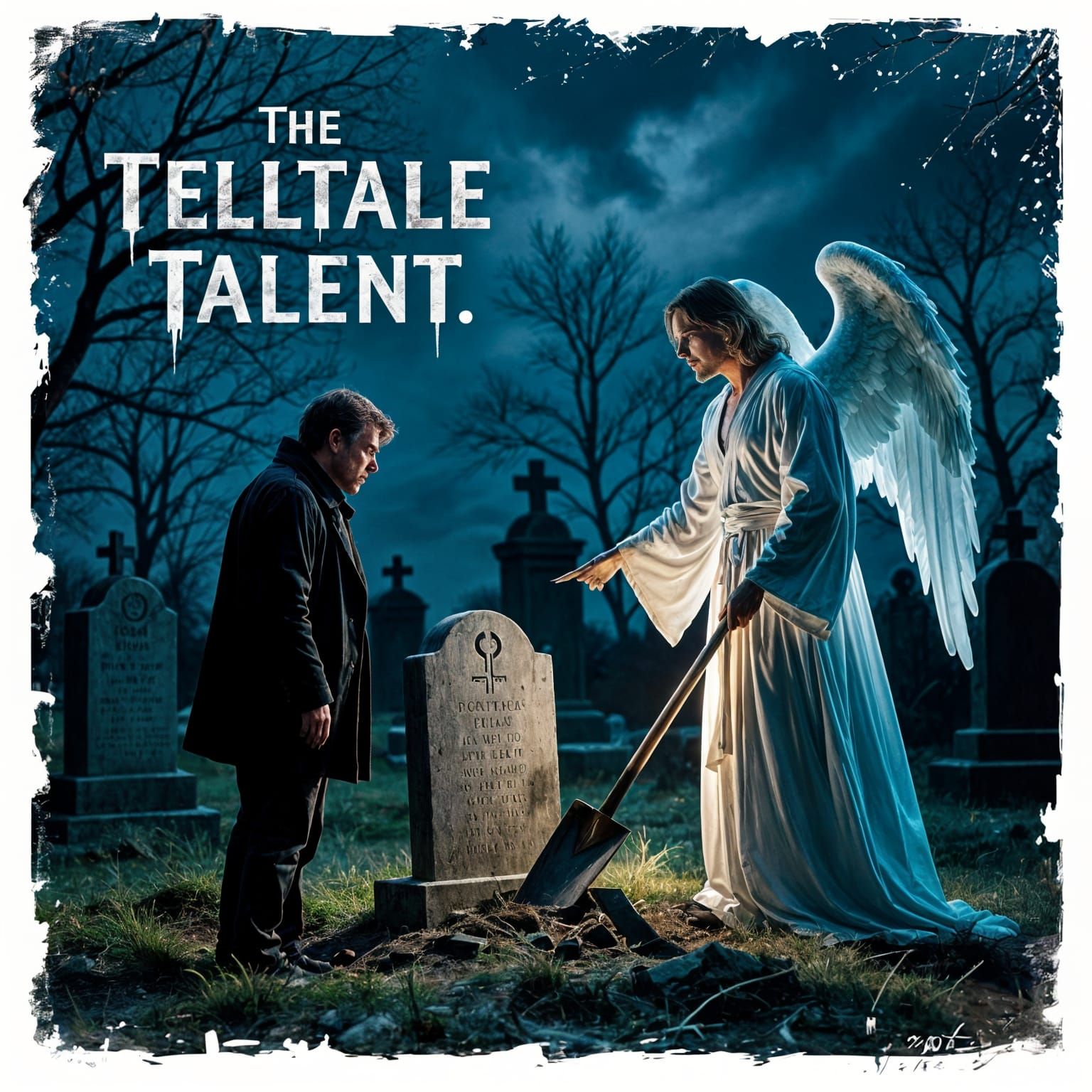 Man Confronts Angel with Shovel in Stormy Cemetery