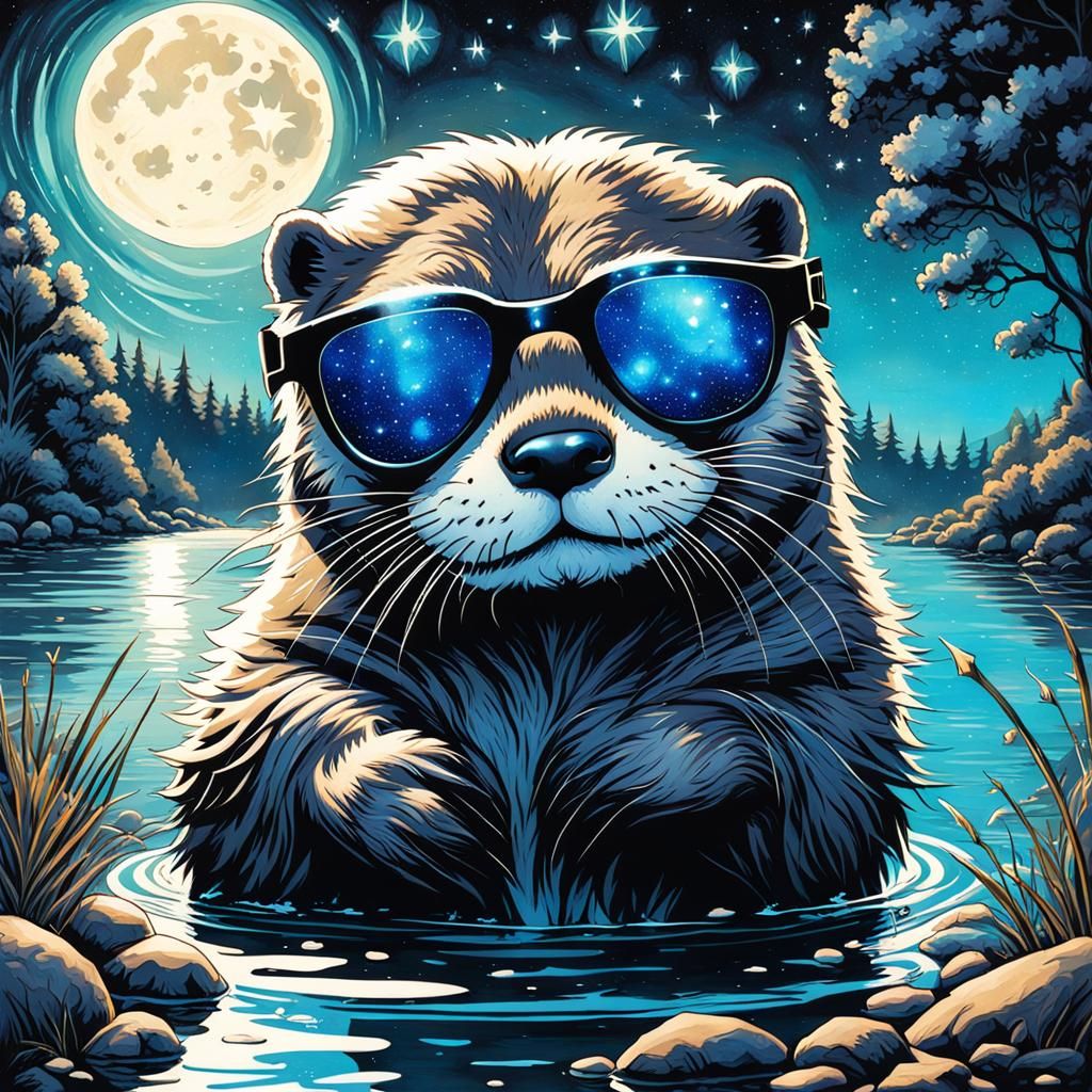 Bioluminescent Otter Under Starry Night in Gothic Style