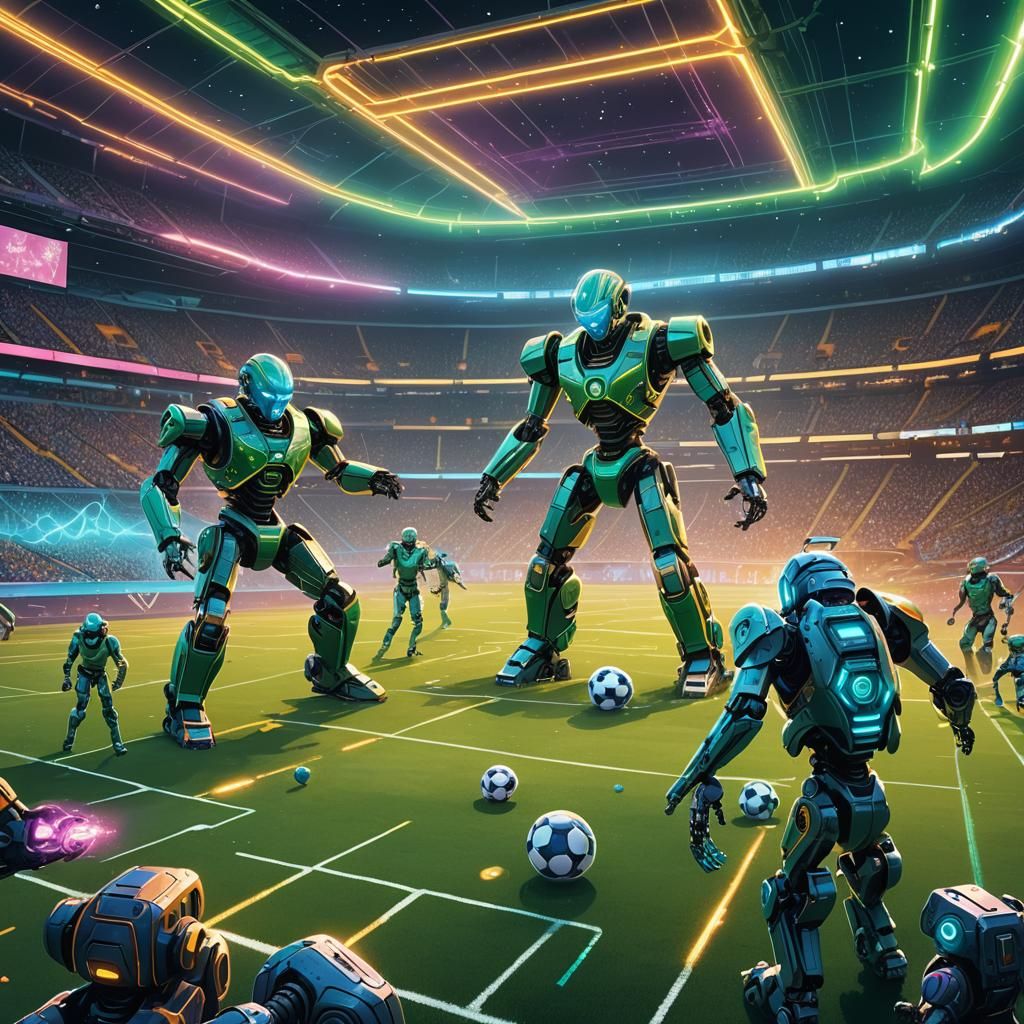 Robots Play Soccer on Glowing Field in Fantasy Style