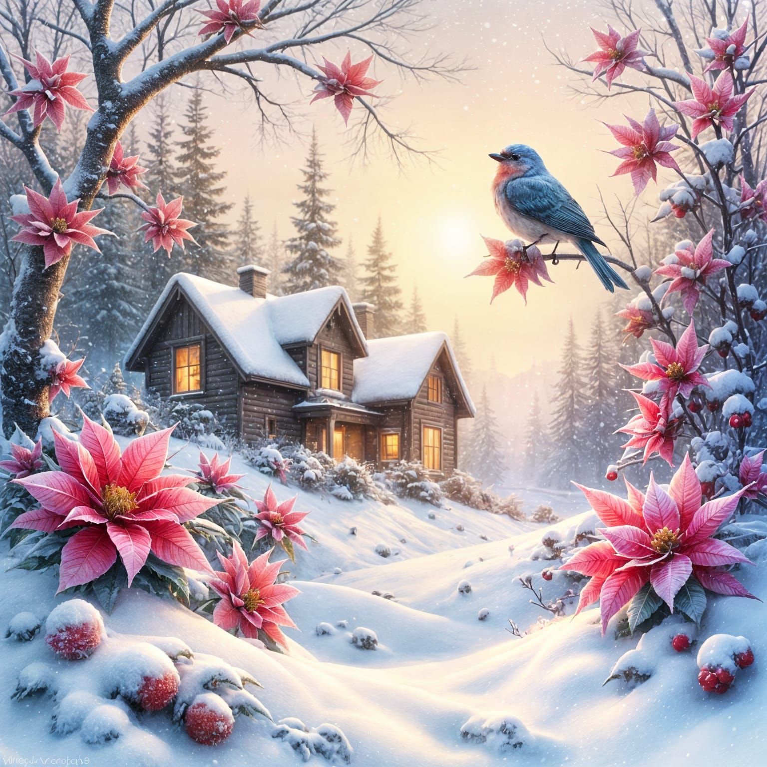 Dreamy Winter Bird and Flowers Painting