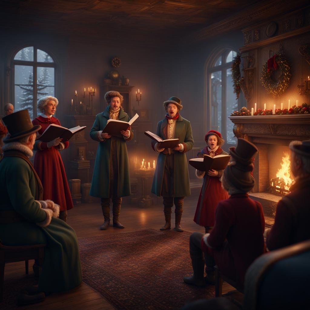 Carolers Singing: Detailed Matte Painting in Deep Color