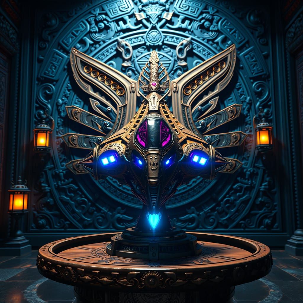 Futuristic Aztec Spaceship Sculpture on Carved Screen