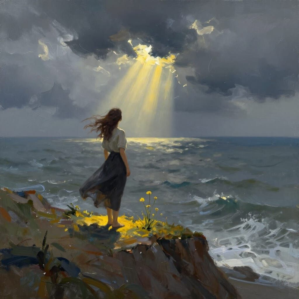 Woman on Cliff Overlooking Stormy Ocean with Hopeful Light