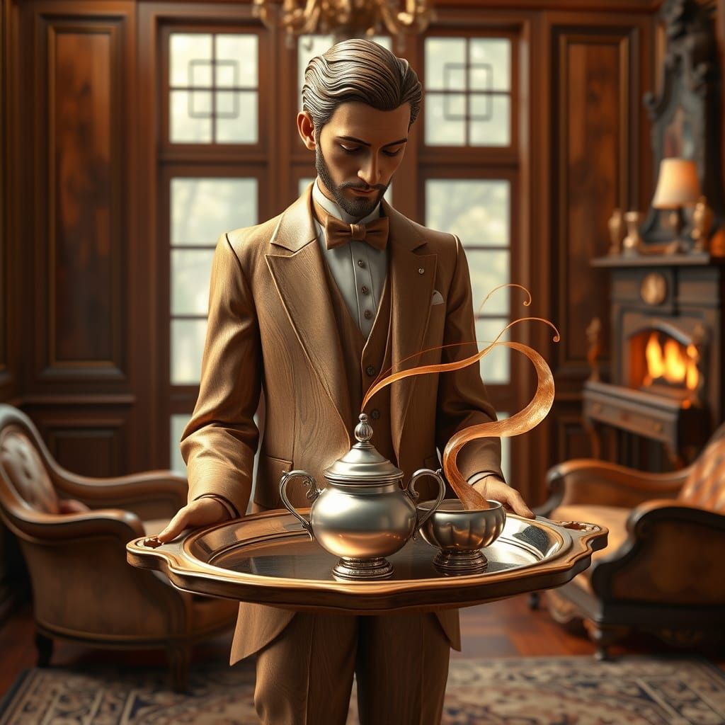 Elegant Wooden Butler Serving Tea in Victorian Parlor