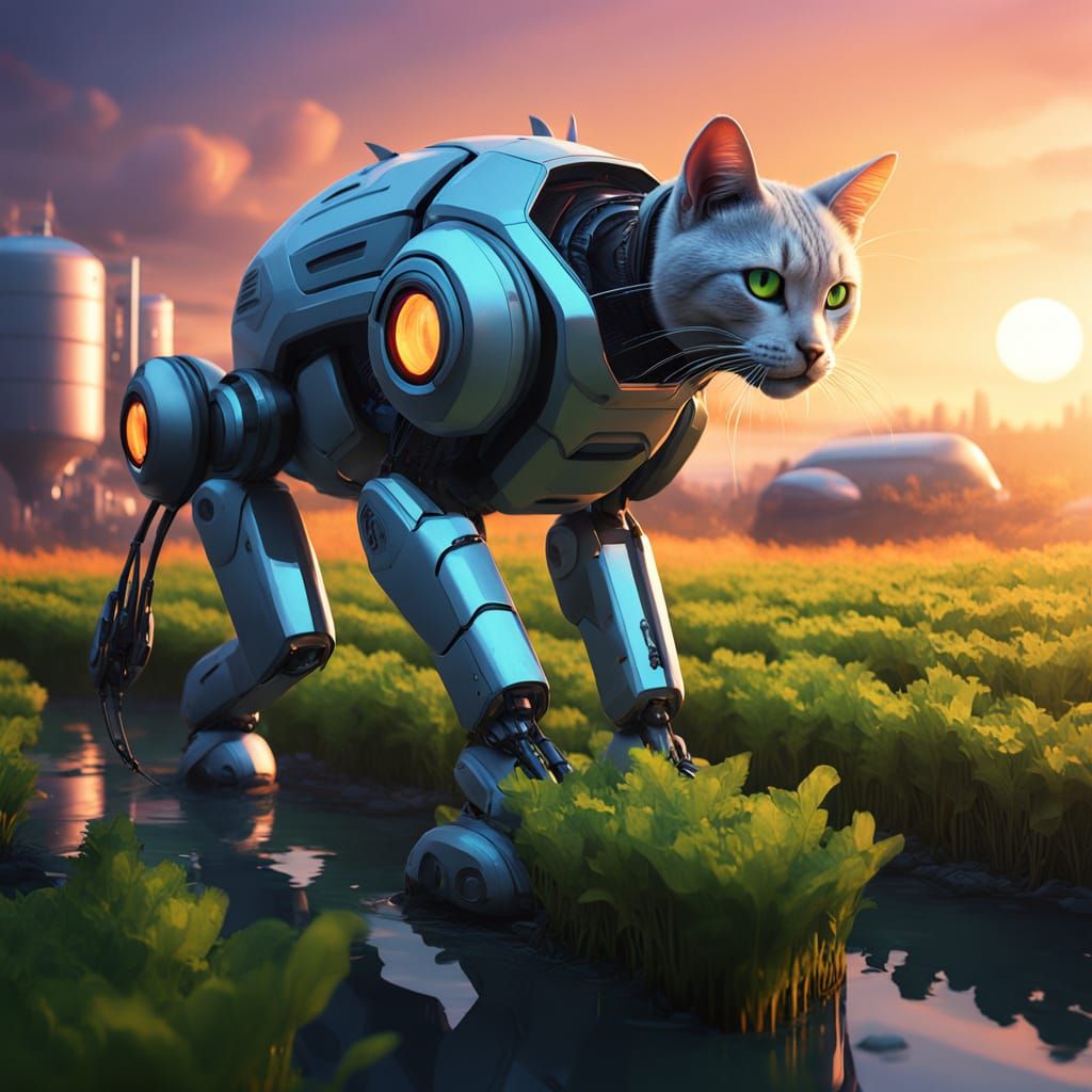 Robot Cat Harvests Crops in Futuristic Farm Scene