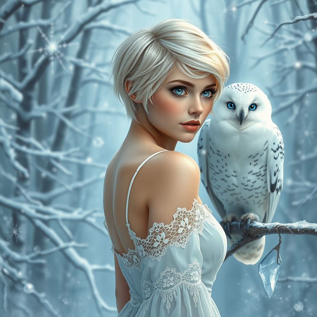 Snowy Forest Scene with Woman and Owl