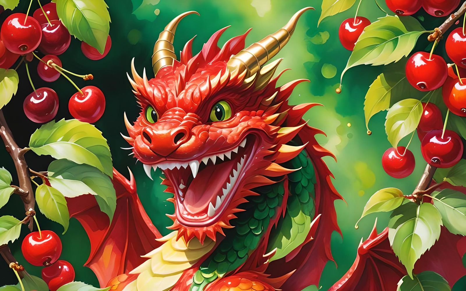 Smiling Red Dragon Surrounded by Cherries in Gouache