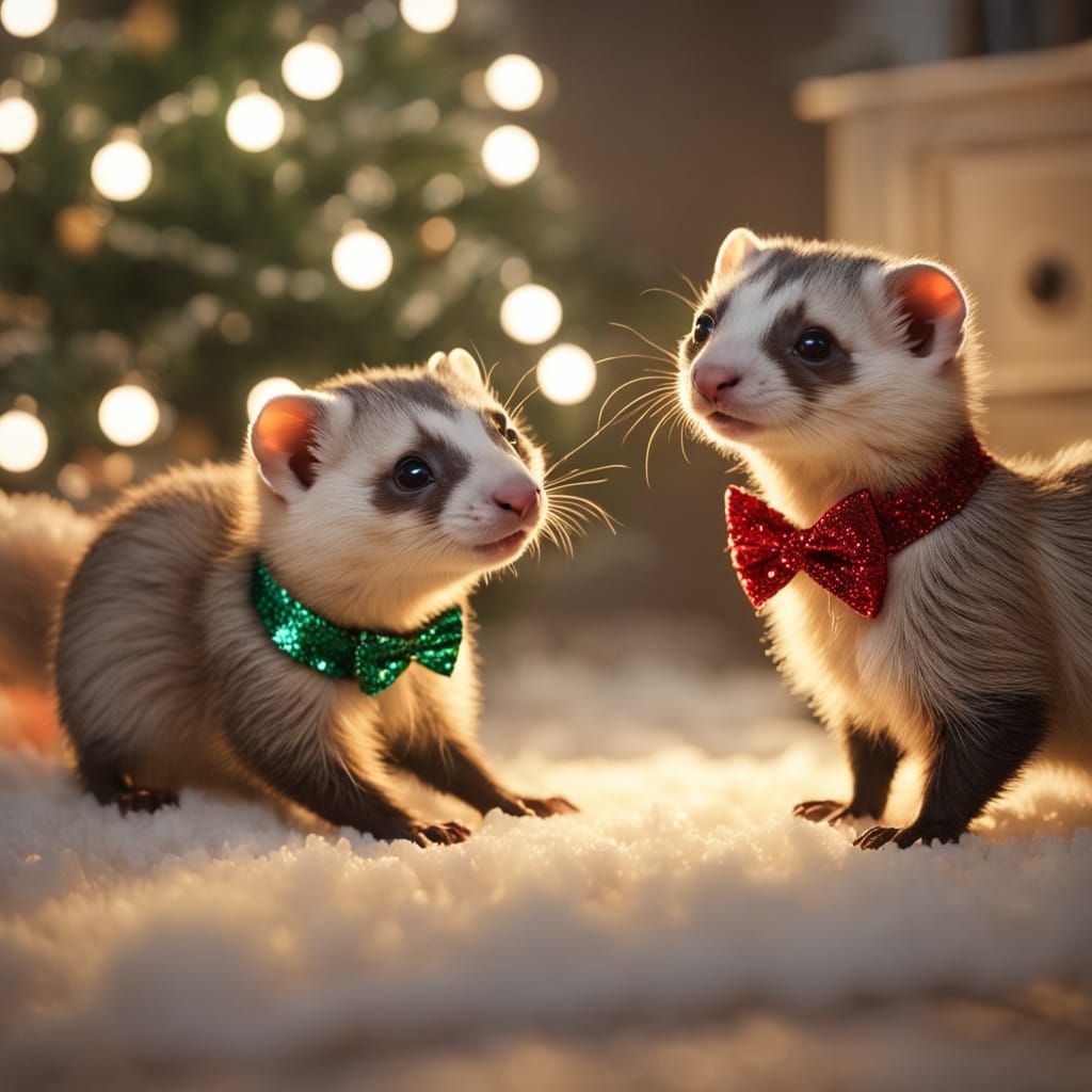 Ferrets Chase Each Other Around a Festive Christmas Tree in....